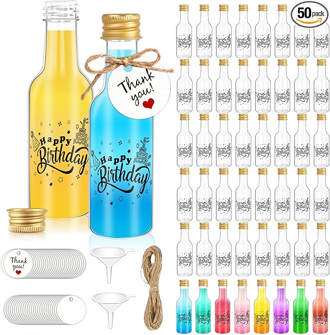 OurWarm 50 Pack Happy Birthday Mini Liquor Bottles, 1.7oz/50ml Empty Plastic Shot Bottles with Gold Screw Caps Funnels Tags & Twines for Juice Wine Alcohol Juicing Ginger Shots Birthday Party Favors