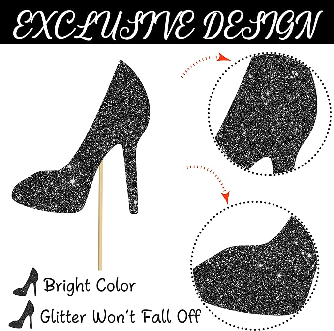High Heel Centerpiece Sticks Lady Birthday Wedding Table Decorations 12PCS Glitter Black High Heels Table Toppers Makeup Night Table Centerpieces for Women Bridal Shower Bachelorette Party Supplies