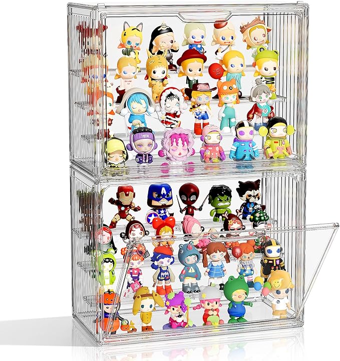 Clear Acrylic Display Case for Collectibles 4 Layer Hobby Figure Display Case Box with Shelves Stackable Figurine Display Shelf for Pop Mart Labubu, Car Model, Perfume, 2 Pack