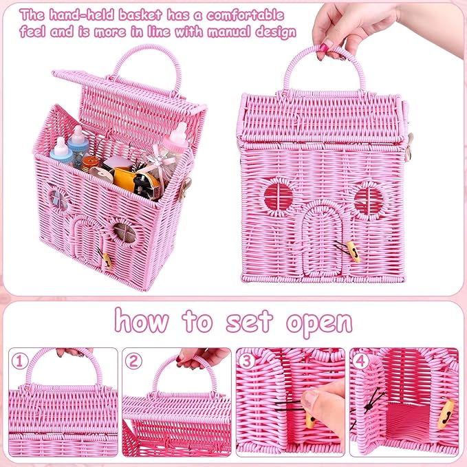 Handmade Rattan Doll House Rattan House Shape Shoulder Bag Wicker Basket with Lid Mouse in a Box Storage BasketDecorative Hand Woven Shelf Organizer Woven Handcrafted Artwork Gift (Pink)
