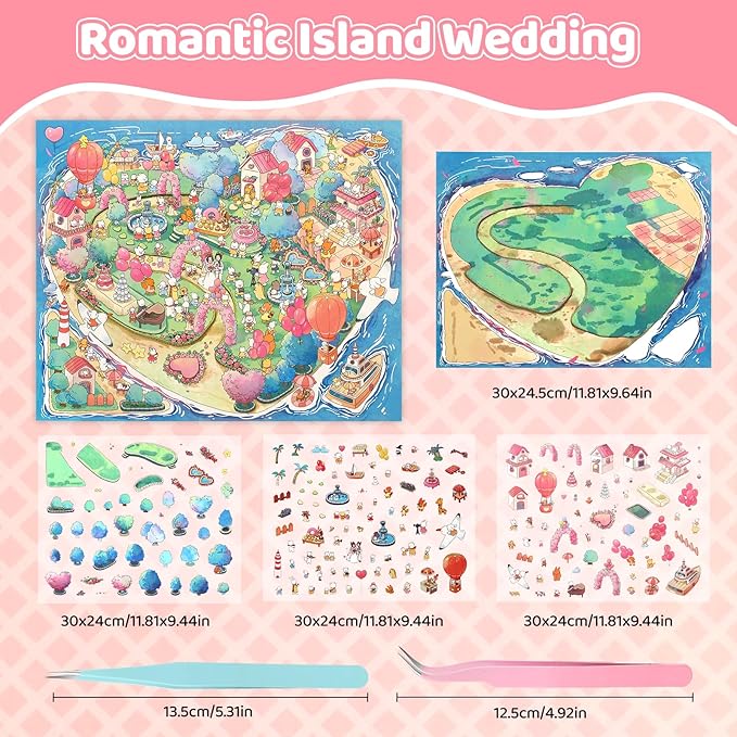 DIY 3D House Stickers Large Size, 14.2X 10 inch Miniature Scene Stickers for Teens Adults Cute Make Own House, Sticker Scene Rooms Book Romantic Undersea Wedding for Relief Stress Pass The Time