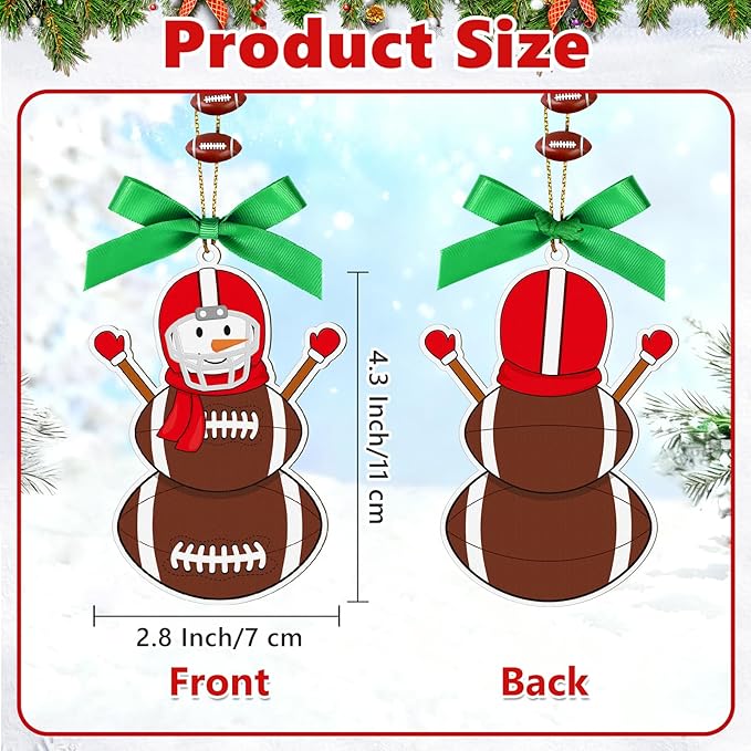 4.3 Inches Snowman Football Christmas Ornament, Wooden Football Snowman Tree Ornament Hanging Decoration for Rearview Mirror, Window, Eaves, Fireplace and Home Holiday Party Decor