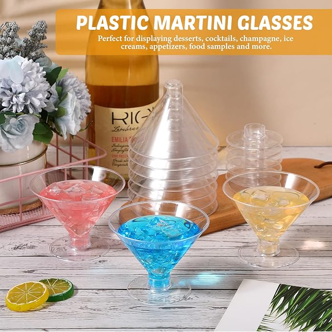 Yinkin 12 Pcs 5 oz Plastic Martini Glasses Disposable Clear Cocktail Dessert Parfait Glasses Unbreakable Mini Martini Cups for Wedding Party Bowl Wine Ice Cream (Stemless)
