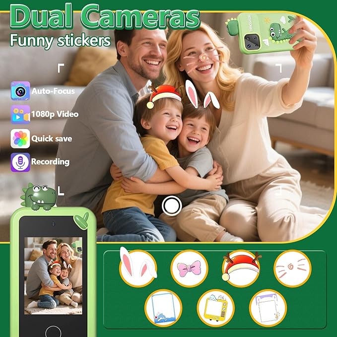 BEBESIRI Kids Camera Mini Smartphone Toy for Boys & Girls - 2.8" Touch Screen, 22 Learning Games, Dual Camera, Music Player, 32GB Card, Christmas Birthday Gift (Green Dinosaur)