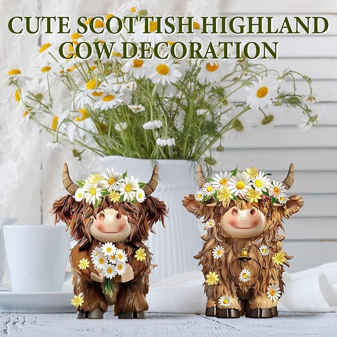 Burbell 2 Pcs Highland Cow Figurines Daisy Flower Highland Cow Gnomes Decor Resin Statue Calf Lovers Gifts for Farmhouse Home Garden Kitchen Office Tiered Tray Table Decor