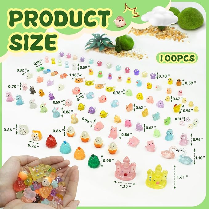 Tardigrade 100pcs Luminous Mini Resin Animals, Tiny Mini Animal Figures to Hide, Miniature Figurines Glow in The Dark Variety Micro Landscape for Potted Plants Garden Aquariums Dollhouse Gift Package