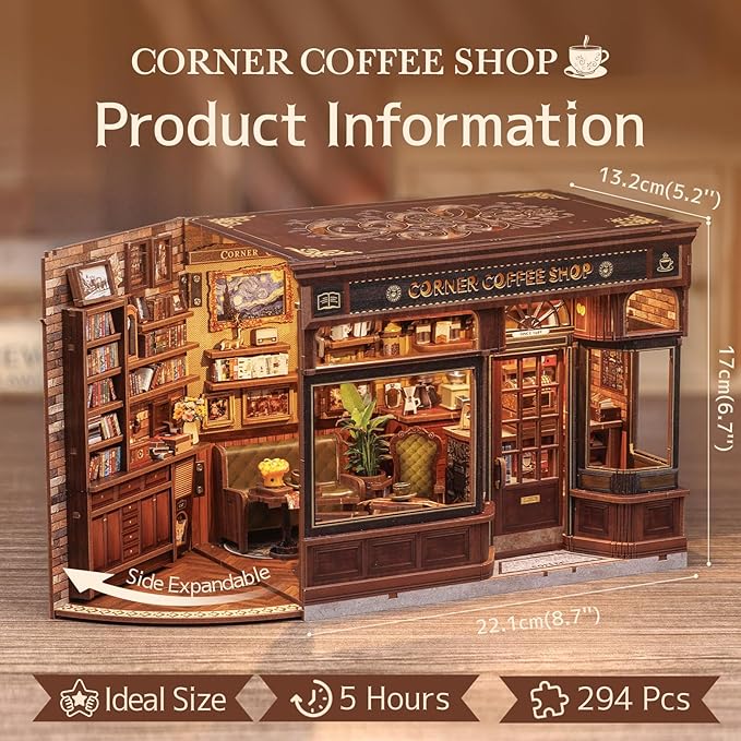 Fsolis Book Nook Kit - DIY Bookshelf Miniature Kit for Adults 3D Puzzle Booknook Bookstore Bookshelf Diorama Cafe Shop Tiny House with Cat, Craft Gifts for Women Book Lovers (Corner Coffee Shop)