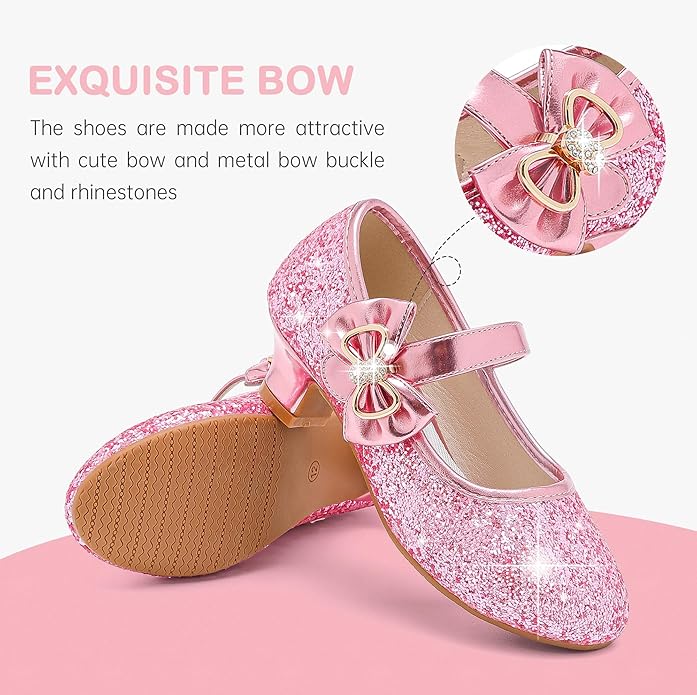 Dufannie Girls Dress Shoes Low Heel Princess Flats Mary Jane Flower Wedding Party Glitter Shoes for Kids Toddler