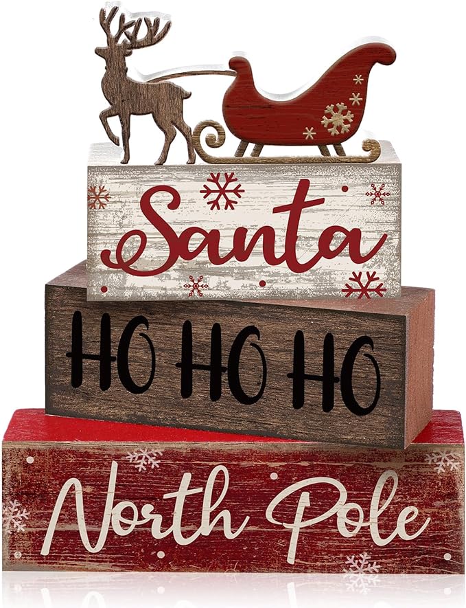 Moucuny 4 Pcs Reindeer Christmas Table Decor Wooden Reindeer Christmas Tiered Tray Decor Xmas Centerpiece Decorative Red Deer Pulled Sleigh Block Signs Gift Farmhouse Xmas Decoration for Home Kitchen