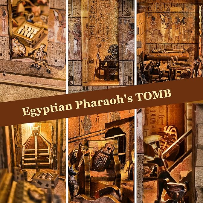 Book Nook Kit - Egyptian Pharaohs Tomb DIY Miniature House Kit for Adults and Teens, Dollhouse BookNook Tiny House, Bookshelf Decor 3D Wooden Puzzle, Unique Gifts for Family and Friends