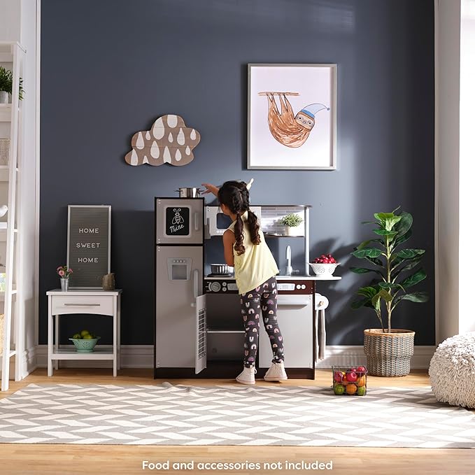 KidKraft Uptown Espresso Wooden Play Kitchen with Play Phone, Chalkboard & Towel Rack, Espresso