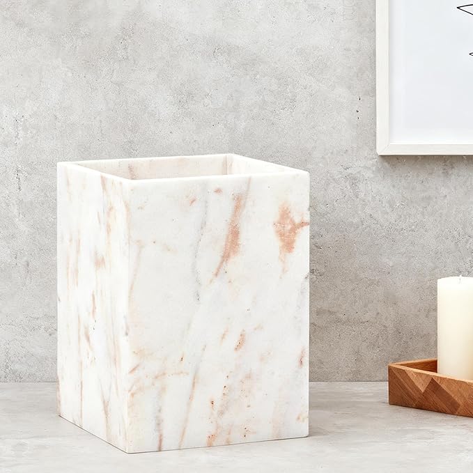 Elegant White Gold Marble Wastebasket Trash Can, 7" X 7" X 9" Rectangular Trash Can with Natural Veining, Marble Basket for Bathroom, Bedroom, Powder Room