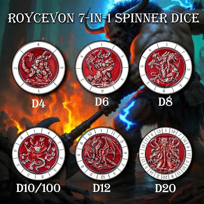 7 in 1 Unique Spinner DND Dice Set D&D, Metal Cube D and D Dice with Gift Box, Dungeons Dragons Role Playing Dice, Black Red