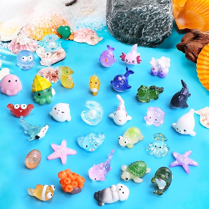 30 PCS Miniature Ocean Theme Mini Resin Ocean Animals Ocean Mini Figurines Resin Axolotl for DIY Fish Tank Accessories, Micro Landscape Aquarium