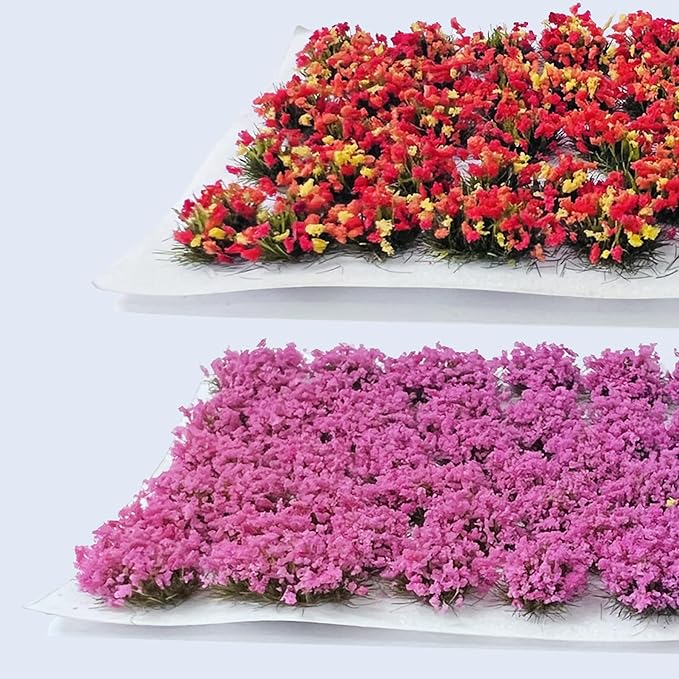 Woohome 2 Pack Miniature Colorful Flower Cluster Self Adhesive Flower Vegetation Groups Pink Orange Static Grass Tufts for Train Landscape Railroad Scenery Sand Military Layout Model