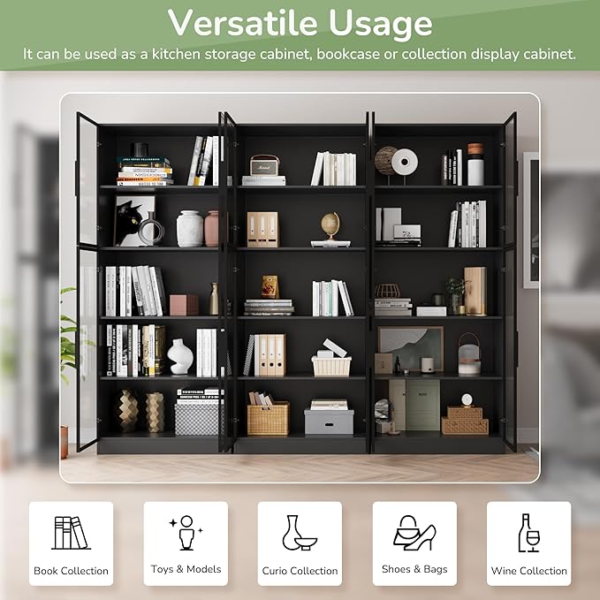 3 Piece Display Cabinet with Glass Doors & Adjustable Lights, 78.7” Tall Display Case with 5 Tier Storage Shelves, Modern Collectibles Cabinet for Living Room, Office, Black