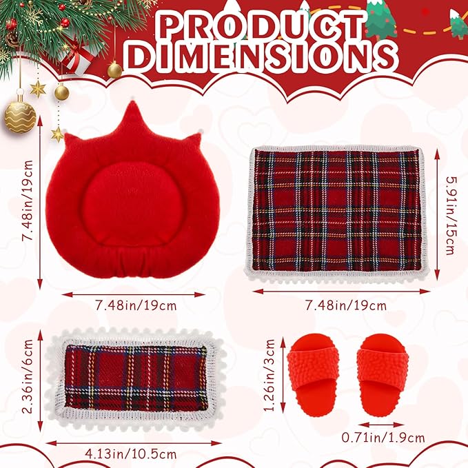 4 Pcs 17cm Doll Accessories Christmas Bedding Set Include Mattress Checkered Pillow Plaid Blanket and Slippers Bed House Furniture Heart Crown Designs (No Doll)