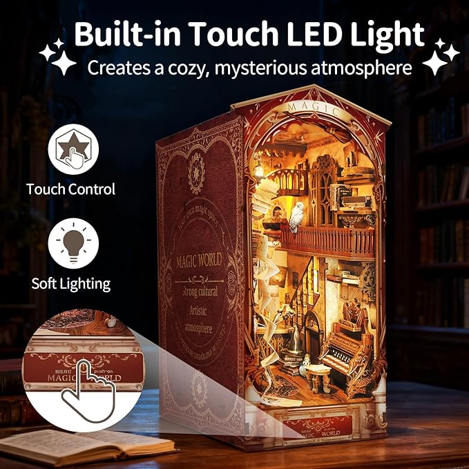 BELEEV Book Nook Kit, DIY Miniature Dollhouse Kit, 3D Wooden Puzzle for Adult and Teens, Booknook Bookshelf Decor Craft with LED Light, Gifts for Women Teens and Puzzle Lovers - Magic World