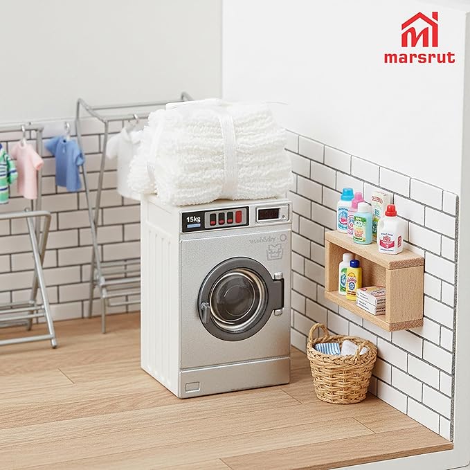 Miniature Washing Machine Dollhouse 1/24 Scale & Miniature Towel Set 1/12 Scale, Openable Lid Washer Dryer, Mini Laundry Appliance Model, White Mini Towels, Bathroom Furniture Decoration Accessories