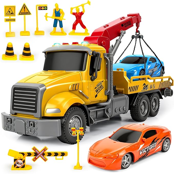 Large Tow Truck Toy, Kids Toys for 3 4 5 6 7 8 Years Old Boys Toddlers Birthday Easter Gifts, Friction Powered Transport Crane Toy with Lights and Sounds, 2Pcs Racing Car, Traffic Signs