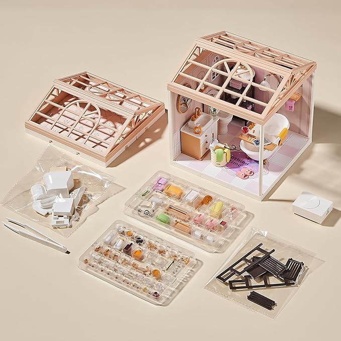 DIY Miniature Bathroom Play Kit with 101Pcs, 1:20 Scale Dollhouse Washroom Furniture with LED Light, Realistic Accessories & Connectable Base Room, Tiny House Toy for Adults & Kids 8+