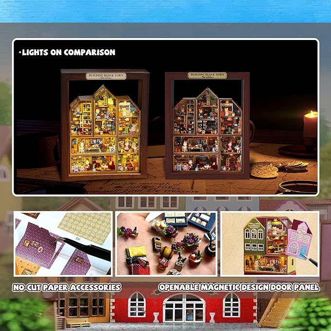 Kisoy Romantic and Cute Dollhouse Miniature DIY House Kit Creative Room Perfect DIY Gift for Friends, Lovers and Families (Building Block Town-6 PCS)