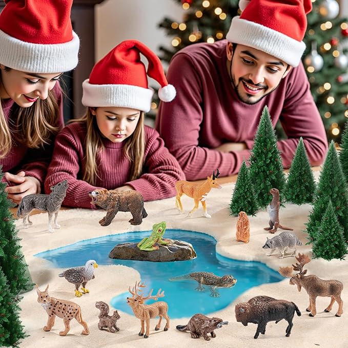 16PCS Mini North American Woodland Animals Figurines Toys, Realistic Jungle Wild Animal Figures with Wolf,Bear,Bison,Reindeer Cake Toppers Birthday Gift Party Favors Toys for Toddler Kids