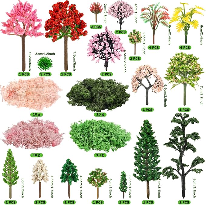 QUOZUO 36 Pcs Mixed Model Trees with 40g Moss Pink and Green, Diorama Trees Grass Mini Fake Miniature Trees Moss for Building Model, Model Train Scenery, Natural Green Landscape, Railroad Scenery