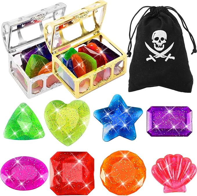MARFOREVER 18 Pcs Big Diving Gem Pool Toys - 16 Colorful Sinking Diving Gems Underwater Crystals Swim Pool Toys with 2 Treasure Chest Pirate Boxes Acrylic Gemstones Set for Summer Party Favors