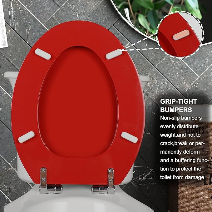 Red Elongated Toilet Seat Natural Wood Toilet Seat with Zinc Alloy Hinges, Easy to Install also Easy to Clean, Scratch Resistant Toilet Seat by Angol Shiold (Elongated, Red)