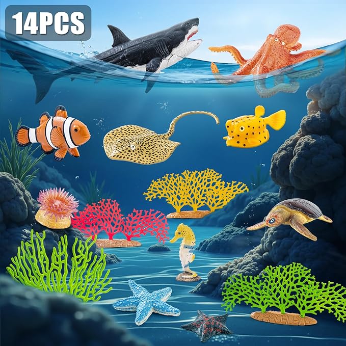 14PCS Realistic Ocean Sea Animals Coral Toys with 20" Floor Puzzles for Kids, Kids Ocean Animals Toys Including Shark,Octopus,Starfish,Sea Turtle for Toddler Boys Girls, Birthday Gifts