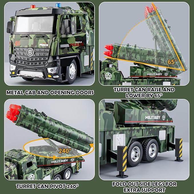 Army Toys for Boys Age 4-7, Military Vehicle Toys with Missile Launcher Metal Cab, Friction Powered Military Truck with 8 Missiles, Lights and Sounds