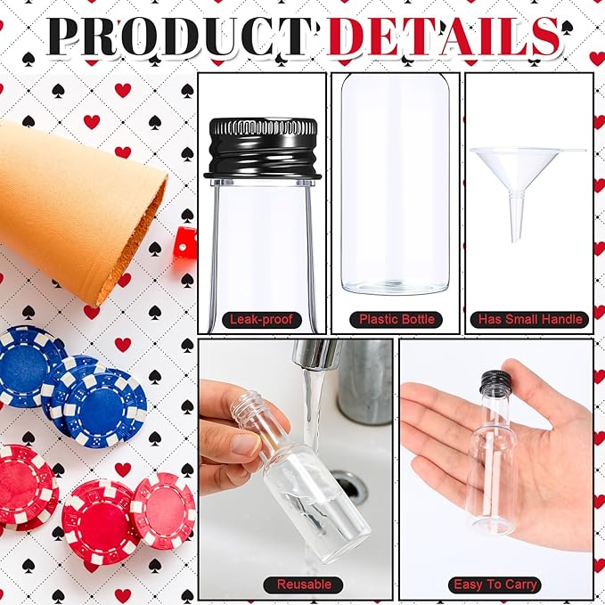 Romooa 60 Pack Casino Mini Liquor Bottles Set Poker Party Decor 1.6oz Las Vegas Shot Bottles with Caps, 10 Funnels, 60 Labels Casino Game Night Decoration Birthday Christmas Party Favor Gifts Supplies