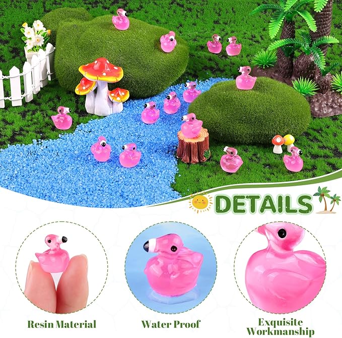 200PCS Mini Resin Animals Cute Rose Pink Tiny Flamingo Ducks Glow in Dark, Miniature Figures to Hide, Small Animal Accessories Bulk for Topper Garden Dollhouse Ornaments DIY Crafts & Decor