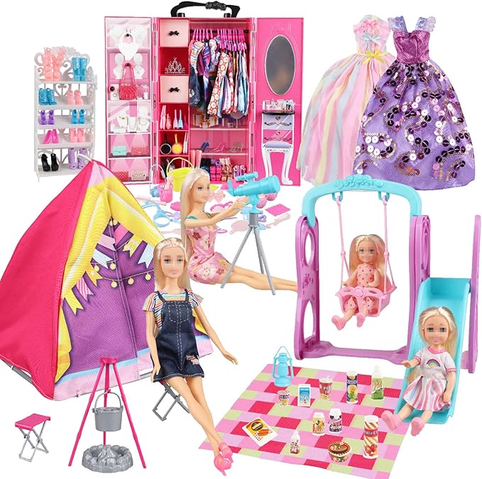 180 Piece Doll Wardrobe&Toy Folding Wardrobe - Includes Folding Wardrobe+Swing Slide+Tent+Stargazing Set with Rich Accessories Stimulate Children's Imagination and Creativity