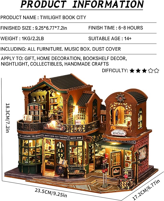 DIY Dollhouse Miniature House Kit,DIY Kit Mini House Model 1:24 Scale with Dust Cover and Music Box,Best Christmas Birthday Gift for Lovers(Twilight Book City)
