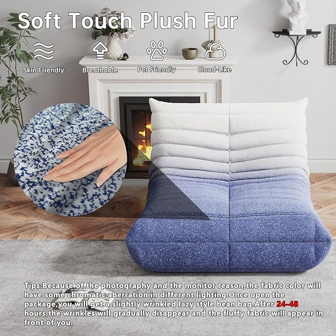 Memory Foam Bean Bag Chair for Adults, Teddy Material Beanbag Sofa with Filler, Cozy Floor Lounge Seat for Living Room, Bedroom, Dorm, Office (Blue White)