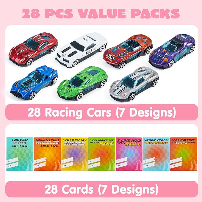 JOYIN 28 Valentines Day Gifts Cards with Die-Cast Racing Cars Vehicle for Kids School Classroom Exchange Party Favor Gift Supplies