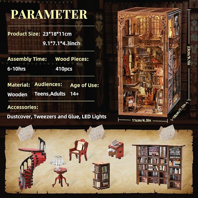 Book Nook Kit, DIY Miniature Dollhouse Booknook Kit, 3D Wooden Puzzle Bookend Bookshelf Insert Decor with LED Light for Teens and Adults (Abbey Library)