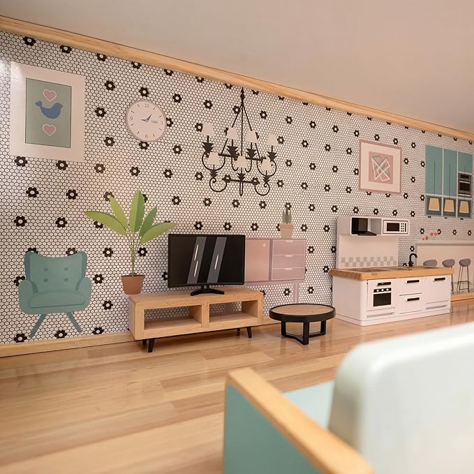 Sabary Dollhouse Wallpaper Mini Black and White Hexagon Flower Tile Dollhouse Flooring Wallpaper 12 x 18 Inch 5 Sheets 1: 12 Scale Peel and Stick Self Adhesive DIY House Accessories Vinyl Sheet