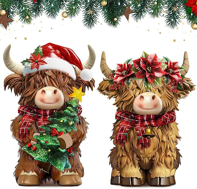Burbell 2 Pack Christmas Highland Cow Decor Resin Highland Cow Figurine Christmas Cows Gnomes with Santa's Hat Scarf Resin Statue for Garden Table Shelf Home Decor Calf Gnome Herd Gifts