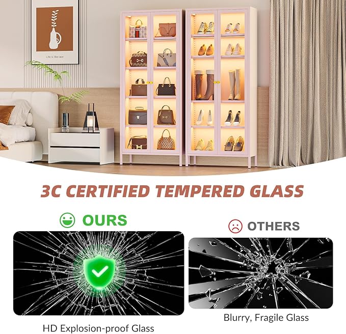 5-Tier Display Cabinet with 13-Color Light, 67" Tall Bookcase Bookshelf with Glass Doors & Adjustable Shelves, Metal Storage Cabinet Display Case for Collectibles Curios Trophies - Pink