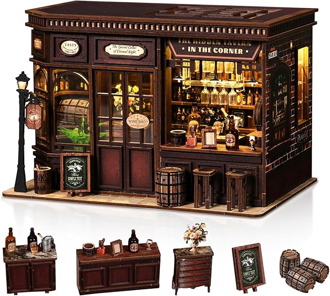 Hallisun DIY Miniature House Kit, Mini 3D Wooden Corner Tavern Building Kit with Furniture and LED, Tiny Diorama Dollhouse Model Set, Handmade House Craft Birthday for Adults Teens
