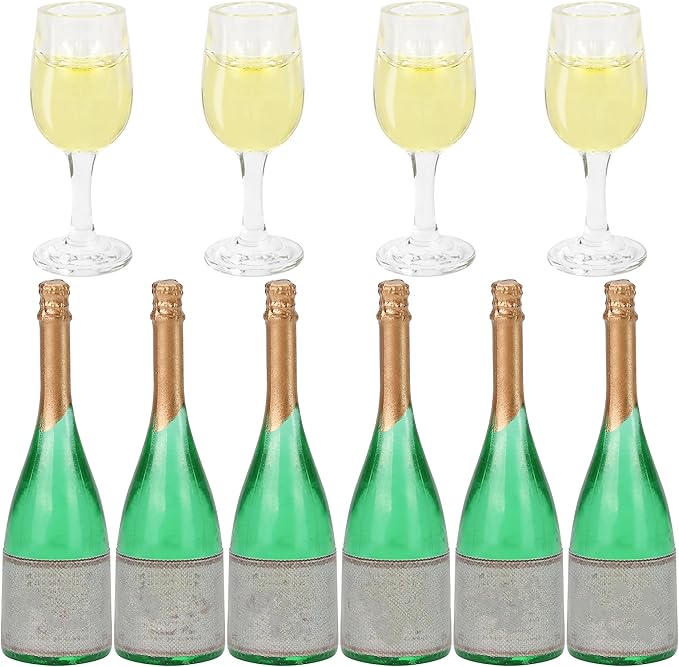 Lot of 10 Miniature Champagne Wine Glass and Bottle for 1:12 Dollhouse Decor, Cake Topper Ornament, Mini Alcohol Liquor Beer Small Can Cocktail Simulation Accessories for Adult (4 Glass, 6 Bottle)