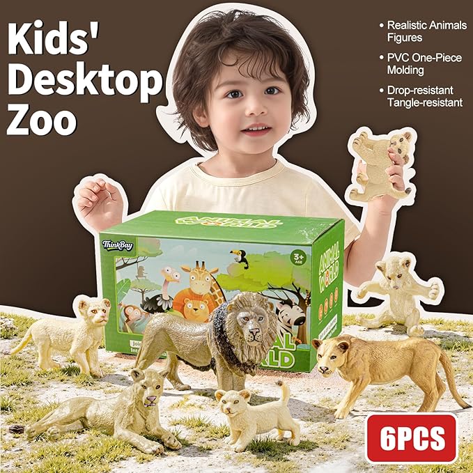 6PCS Lion Toys Figurines Pride, African Jungle Animals Lion Family, Realistic Zoo Animal Toys, Preschool Toy Birthday Gift Cake Toppers for Kids Boys Girls