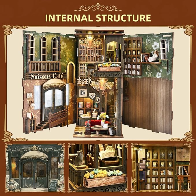 Book Nook Kit - DIY Miniature House Coffee Shop Dollhouse Kit for Adults and Teens, 3D Wooden Puzzle Booknook Tiny House Bookshelf Decor, Gifts for Family, Friends (Saison Café)