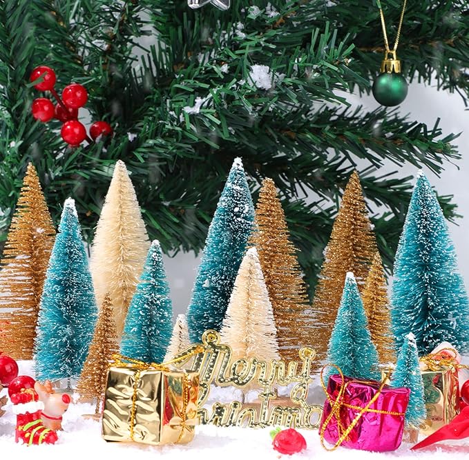 30Pcs Mini Christmas Trees, Artificial Christmas Tree Bottle Brush Trees Christmas with 5 Sizes, Sisal Snow Trees with Wooden Base for Christmas Decor Christmas Party Home Table Craft