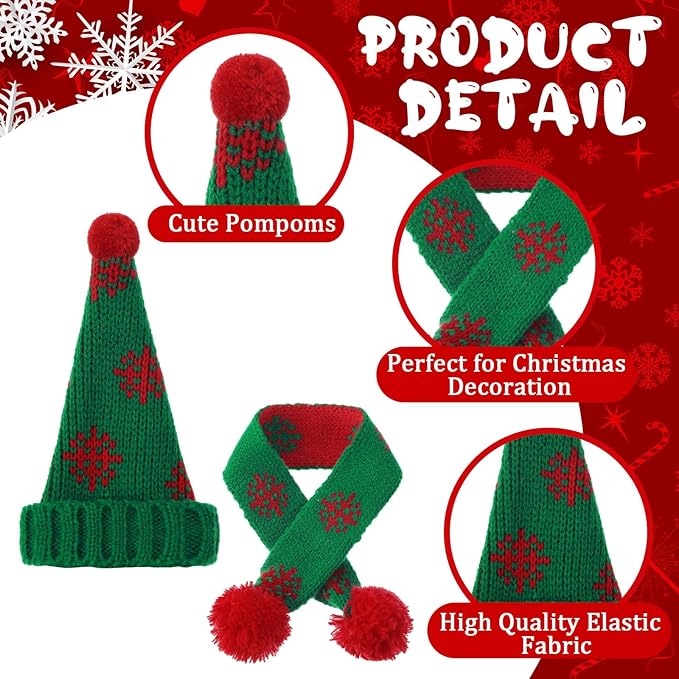Geyoga 16 Pcs Mini Knit Doll Hat Valentines Day Small Santa Hat for Craft Winter Mini Snowman Hats and Scarf Tree Ornaments Snow Stripe Heart Wine Bottle DIY Decor Gifts