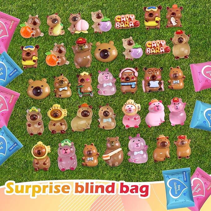 100 Pcs Mystery Capybara Blind Bag: Mini Glow and Classic Resin Capybara Figures Bulk, Mini Capybara Resin Animals for Fairy Garden, Dollhouse Décor, Collectible Surprise