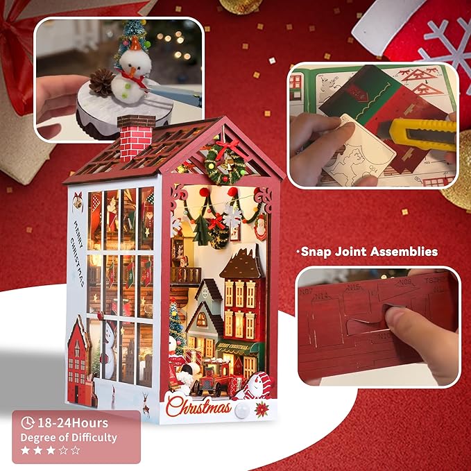 DIY Dollhouse Booknook, Book Nook Miniature Kit for Bookshelf Insert Decor Crafts for Adults and Teens, 3D Wooden Bookends with Sensor Led Light (Merry Christmas)